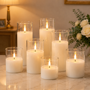 Set 3 Paraffin Wax Home Decoration Pillar White Glass Warm Light Remote Flickering Led Candles Cordless Parties New Year