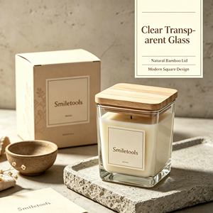 Square Glass Candle Vessel With Natural Bamboo Lid