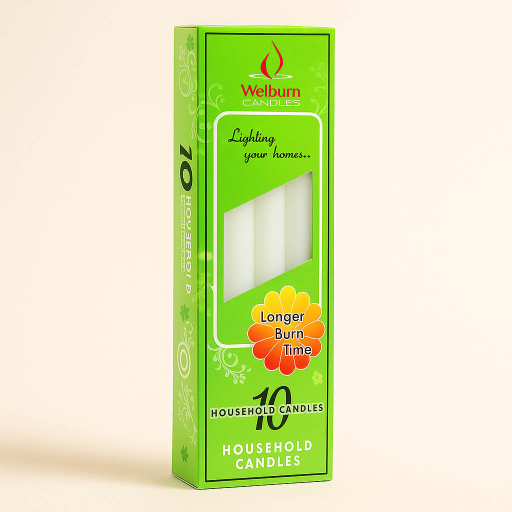 Long-burning taper household candles for daily utility use