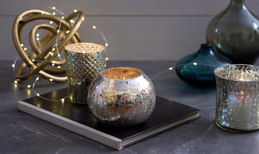 Mercury glass and decorative home decor candles